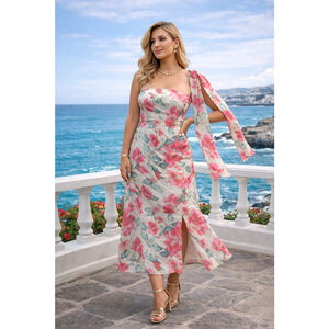 Women's One Shoulder Floral Midi Dress in White and Pink, Size M